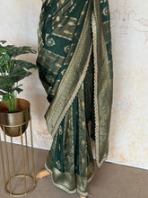 Emerald Green Banarasi Silk Saree with Antique Gold Zari & Contrast Blouse