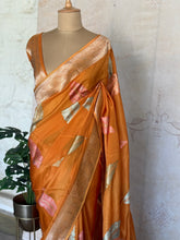 Pure Crepe Satin Zari Leaf Saree – Royal Orange Elegance