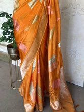 Pure Crepe Satin Zari Leaf Saree – Royal Orange Elegance