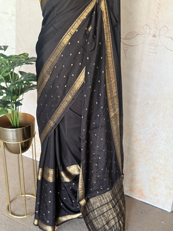 Pure Mysore Crepe Silk Saree – Classic Black with Bentex Zari Border