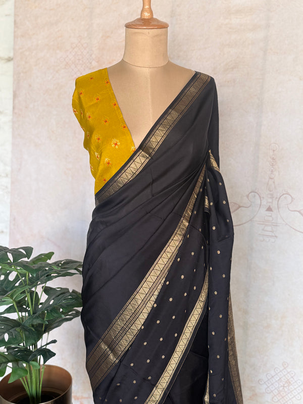 Pure Mysore Crepe Silk Saree – Classic Black with Bentex Zari Border