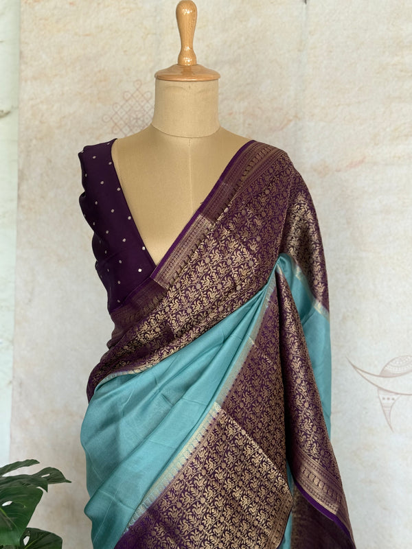 Mysore Crepe Silk Saree in Aqua Blue with Royal Purple Zari Brocade