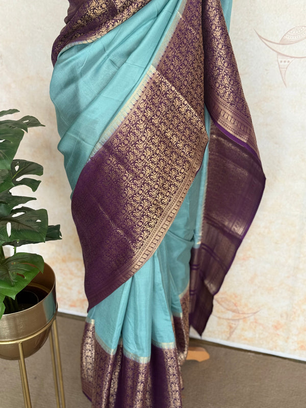 Mysore Crepe Silk Saree in Aqua Blue with Royal Purple Zari Brocade