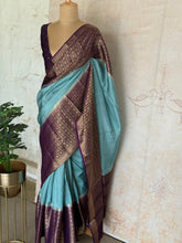 Mysore Crepe Silk Saree in Aqua Blue with Royal Purple Zari Brocade