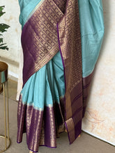 Mysore Crepe Silk Saree in Aqua Blue with Royal Purple Zari Brocade