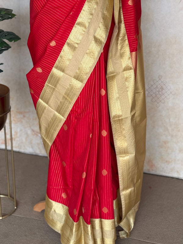 Semi Kanchi Silk Saree with Stripes & Zari Buttas – Red & Gold Elegance
