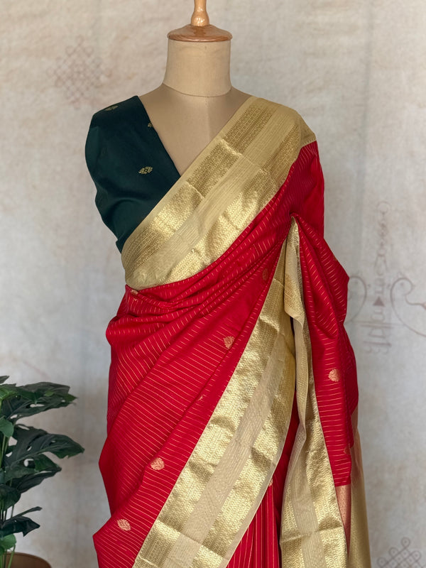 Semi Kanchi Silk Saree with Stripes & Zari Buttas – Red & Gold Elegance