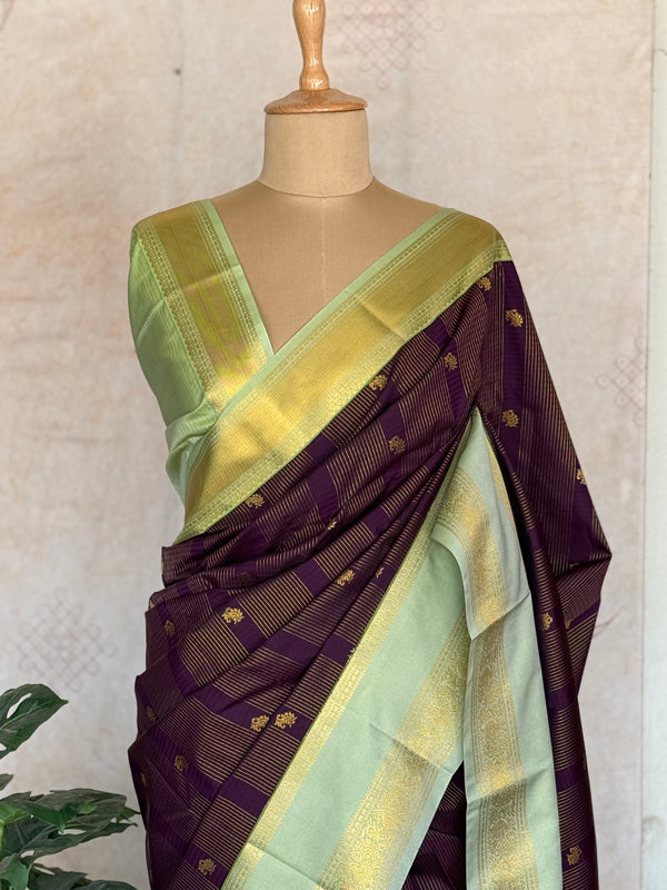 Semi Kanchi Silk Saree with Zari Lines & Buttas – Plum & Mint Elegance