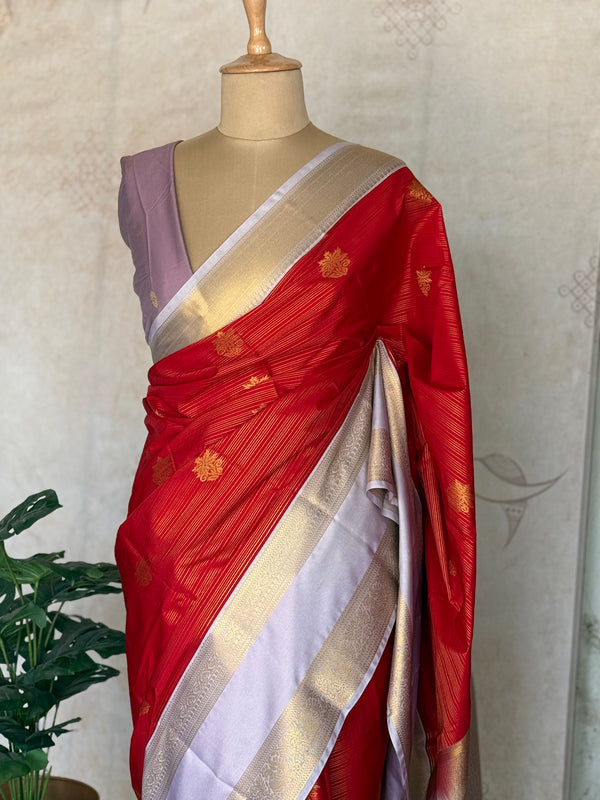 Semi Kanchi Silk Saree with Vaira Oosi & Retta Petta Border – Red & Lavender Classic