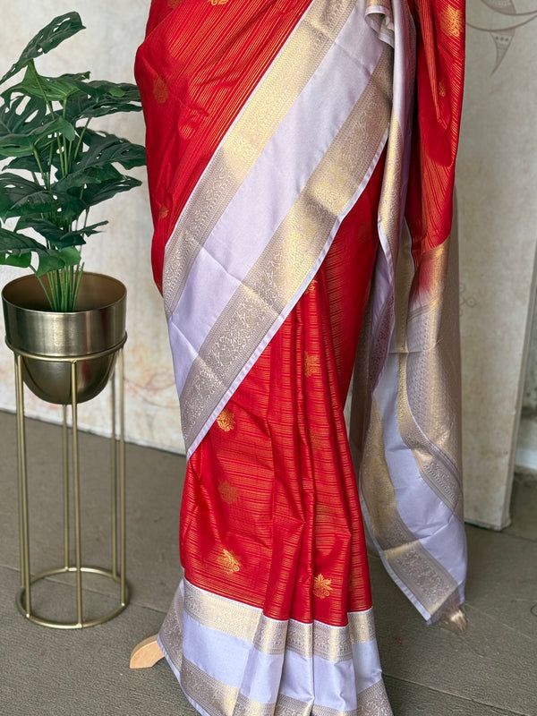 Semi Kanchi Silk Saree with Vaira Oosi & Retta Petta Border – Red & Lavender Classic