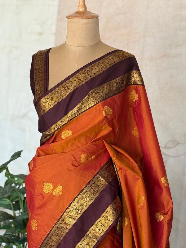 Semi Kanchi Silk Saree – Rust Orange & Deep Purple with Zari Buttas | Retta Petta Border