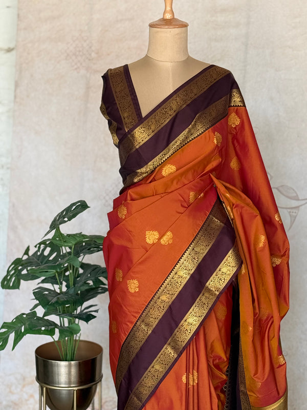 Semi Kanchi Silk Saree – Rust Orange & Deep Purple with Zari Buttas | Retta Petta Border