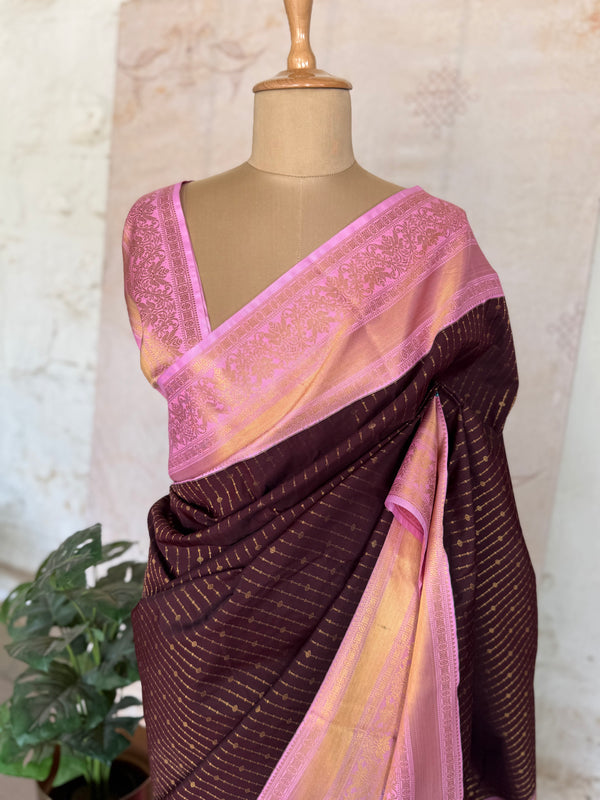 Semi Kanchi Silk Saree – Deep Maroon with Pink Contrast & Traditional Kanchi Border
