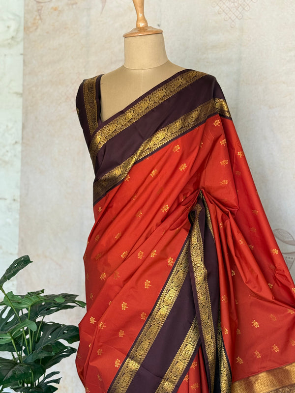 Semi Kanchi Silk Saree – Rust Orange & Deep Purple with Zari Buttas | Retta Petta Border