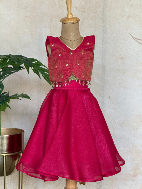 Rani Pink Lilly Paithani Crop Top and Skirt