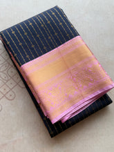 Semi Kanchi Silk Saree with Vertical Zari Lines & Pink Gold Border