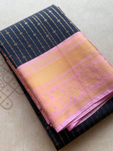Semi Kanchi Silk Saree with Vertical Zari Lines & Pink Gold Border