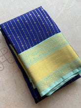 Royal Blue Semi Kanchi Silk Saree with Gold Zari Stripes & Aqua Temple Border