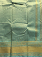 Royal Blue Semi Kanchi Silk Saree with Gold Zari Stripes & Aqua Temple Border