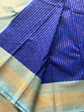 Royal Blue Semi Kanchi Silk Saree with Gold Zari Stripes & Aqua Temple Border