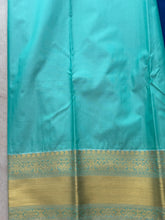 Royal Blue Semi Kanchi Silk Saree with Gold Zari Stripes & Aqua Temple Border