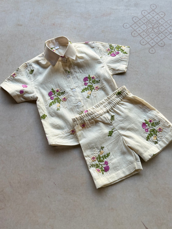 Multicolour Floral Embroidery Boys Shirts and Trousers Set - Purple