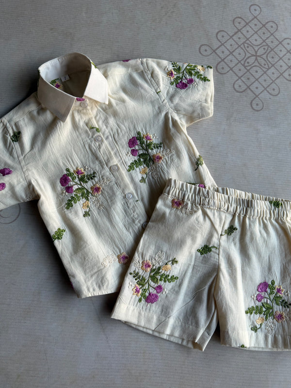 Multicolour Floral Embroidery Boys Shirts and Trousers Set - Purple