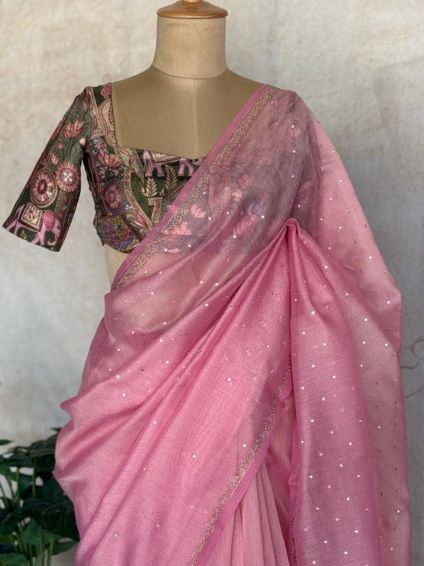Chandheri Mirror Embellished Saree with Subtle Jaal Border & Tassel Pallu