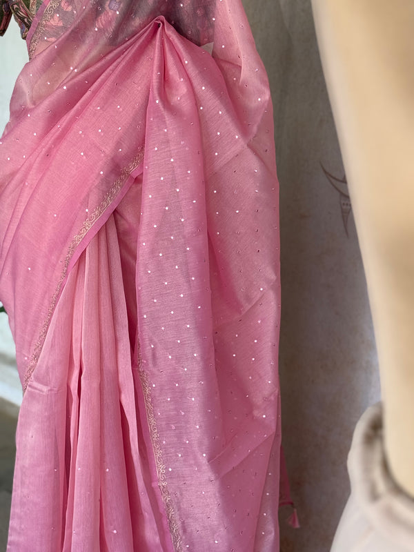 Chandheri Mirror Embellished Saree with Subtle Jaal Border & Tassel Pallu