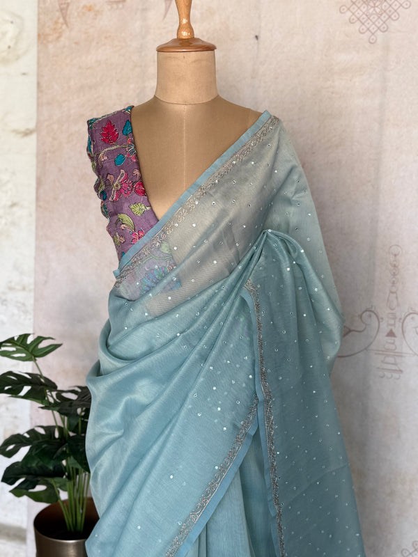Chandheri Mirror Embellished Saree with Subtle Jaal Border & Tassel Pallu