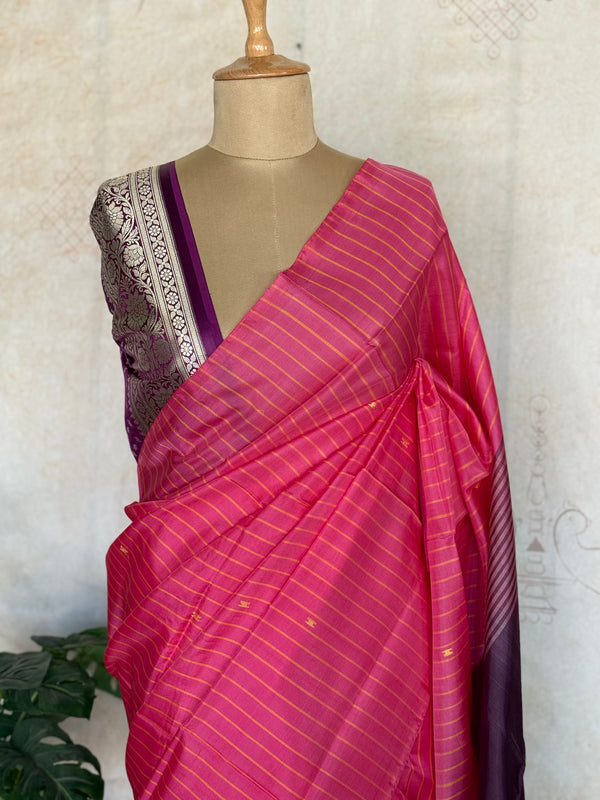 Madurai Pattu Saree with Pink Stripes & Contrast Purple Pallu