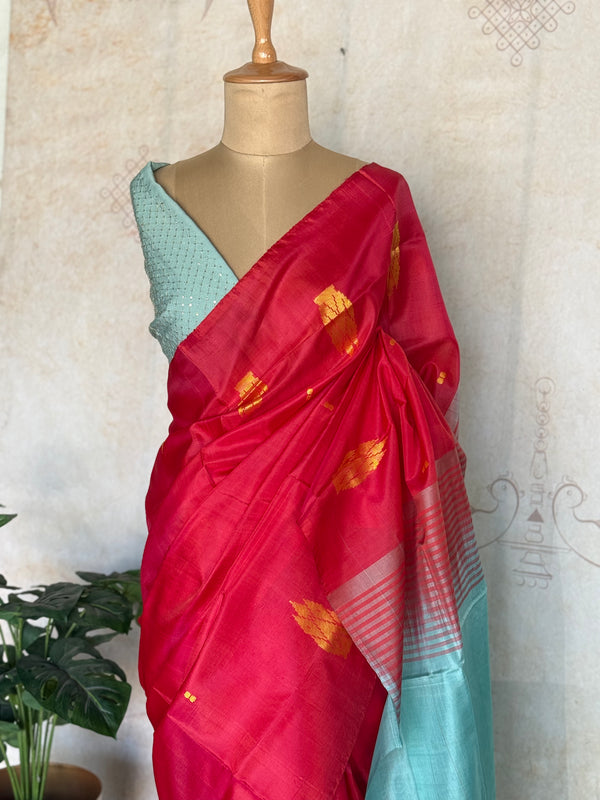 Madurai Pattu Saree in Crimson Red with Korvai Buttas & Contrast Aqua Pallu