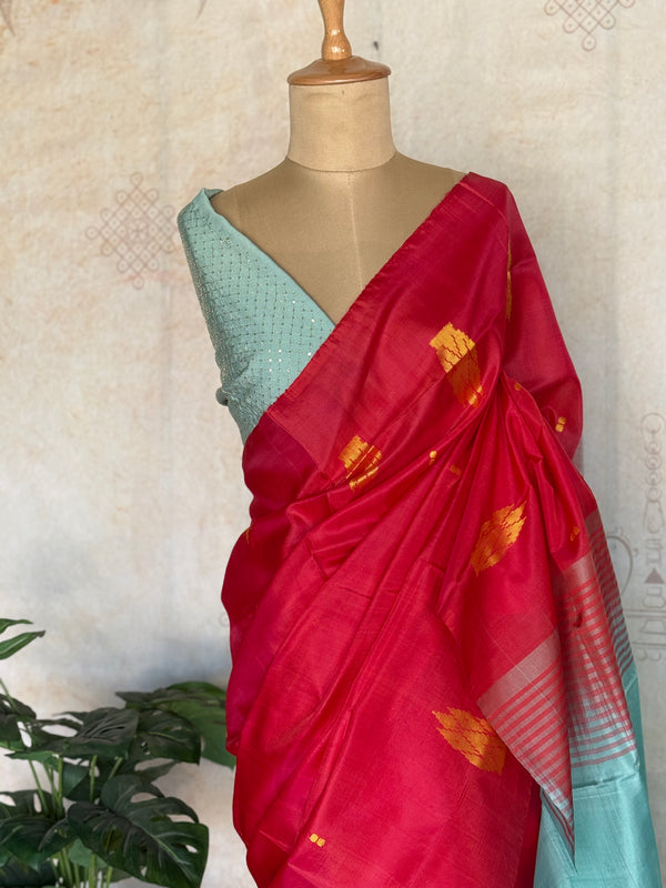 Madurai Pattu Saree in Crimson Red with Korvai Buttas & Contrast Aqua Pallu