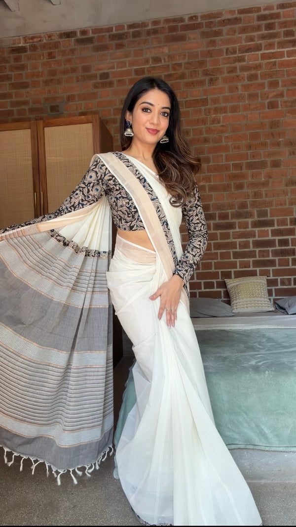 Diva X Ivory Jute Cotton Saree with Kalamkari Border -  Onam Edit
