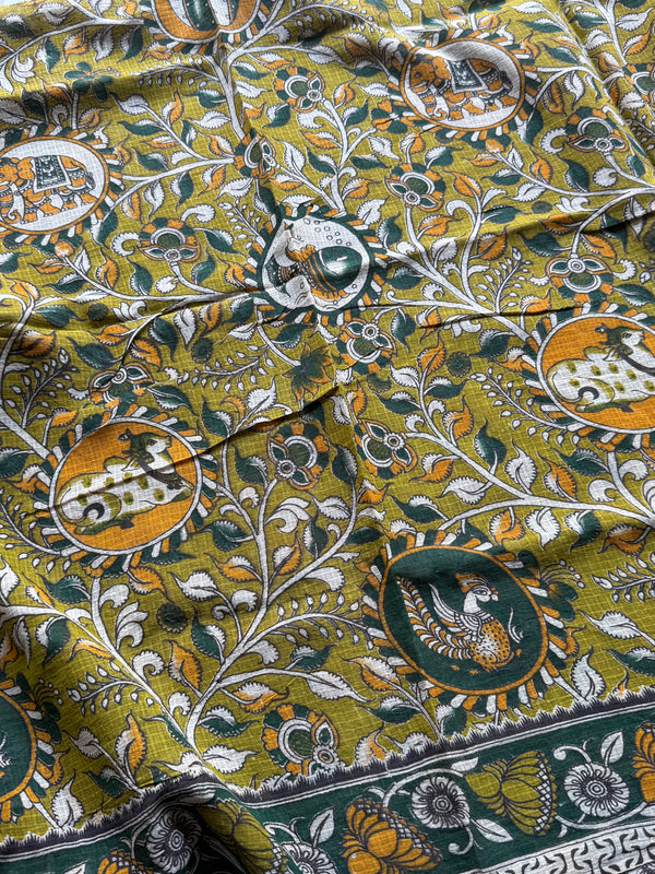 Kota Cotton Kalamkari Saree with Peacock Narrative Pallu