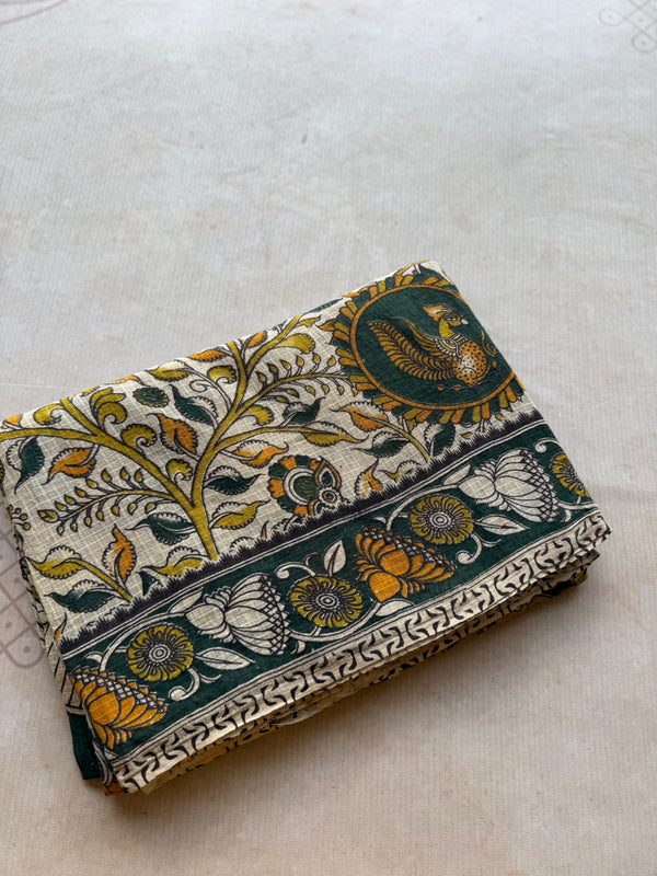 Kota Cotton Kalamkari Saree with Peacock Motif & Artistic Borders