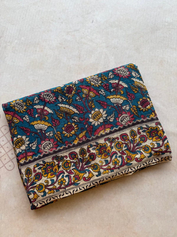 Kota Cotton Kalamkari Saree – Floral, Peacock & Ramayana Print with Contrast Blouse