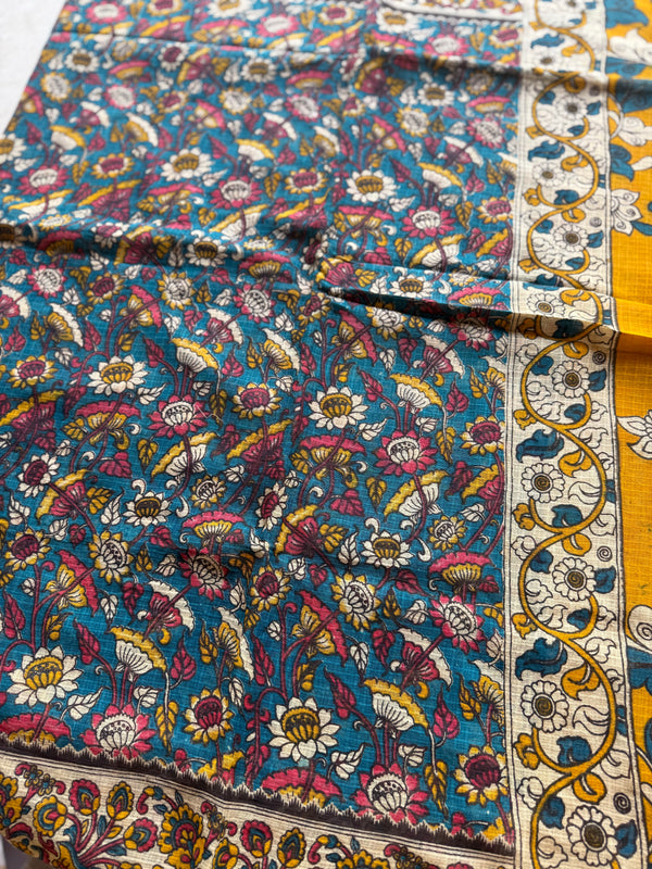Kota Cotton Kalamkari Saree – Floral, Peacock & Ramayana Print with Contrast Blouse