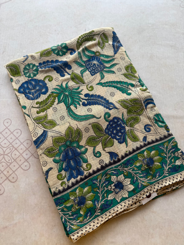Kota Cotton Kalamkari Saree – Floral Vine Design with Peacock Pallu & Contrast Border