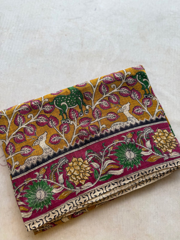 Kota Cotton Kalamkari Saree with Peacock Pallu & Floral Border Design