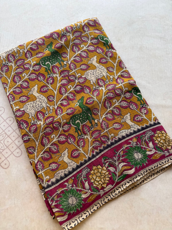 Kota Cotton Kalamkari Saree with Peacock Pallu & Floral Border Design