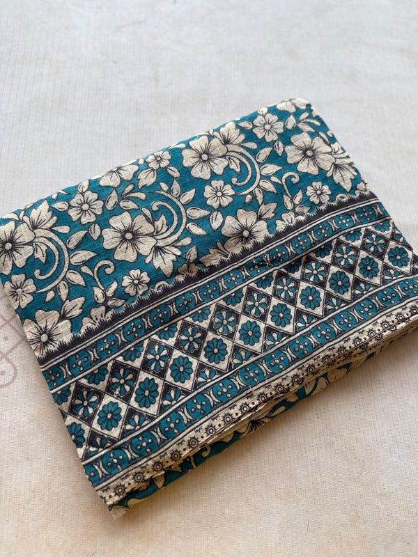 Teal Blue Floral Kota Cotton Saree with Vintage Vine Print & Designer Border