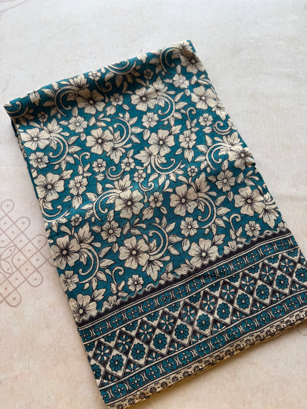 Teal Blue Floral Kota Cotton Saree with Vintage Vine Print & Designer Border