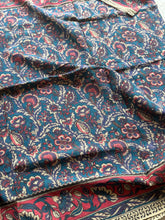 Teal Blue Kota Cotton Kalamkari Saree with Floral Body & Peacock Pallu | Contrast Border & Blouse