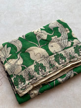 Kota Cotton Kalamkari Saree with Peacock Pallu & Fish Motifs – Green & Charcoal Edition