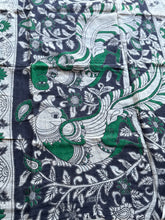 Kota Cotton Kalamkari Saree with Peacock Pallu & Fish Motifs – Green & Charcoal Edition