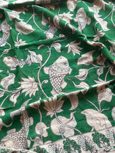 Kota Cotton Kalamkari Saree with Peacock Pallu & Fish Motifs – Green & Charcoal Edition