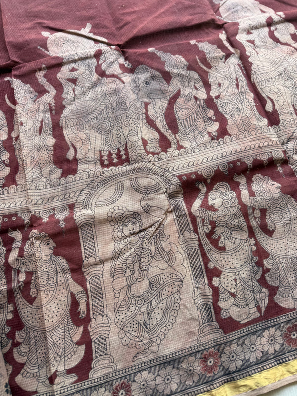 Kalahasti Pen Kalamkari Kota Saree – Rust & Beige Monochrome Elegance