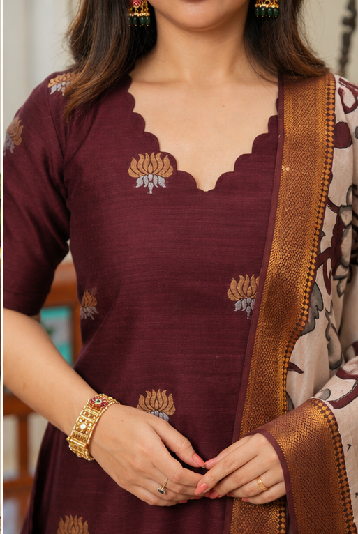 Dwaraka - Raw Silk 3-Piece Suit Set with Kalamkari Dupatta