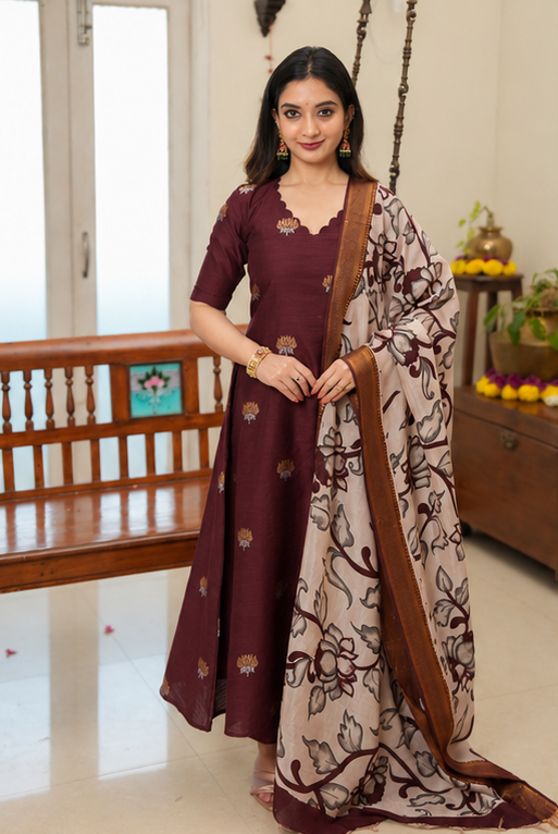 Dwaraka - Raw Silk 3-Piece Suit Set with Kalamkari Dupatta